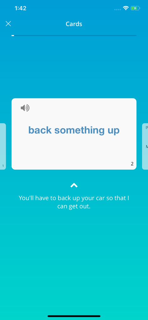 English Phrasal Verbs in Use - Flashcard interface showing the phrasal verb back something up with a practical usage example