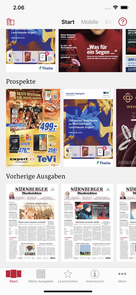 Startbildschirm der Nürnberger Nachrichten E-Paper-App mit früheren Ausgaben und Broschüren