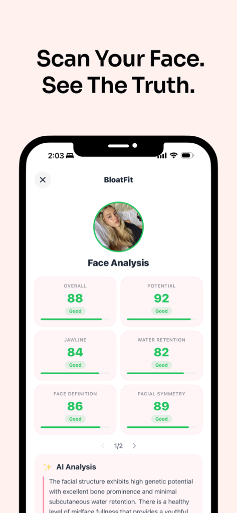 BloatFit - BloatFit app screenshot showing AI face analysis results with metrics for jawline water retention and facial symmetry