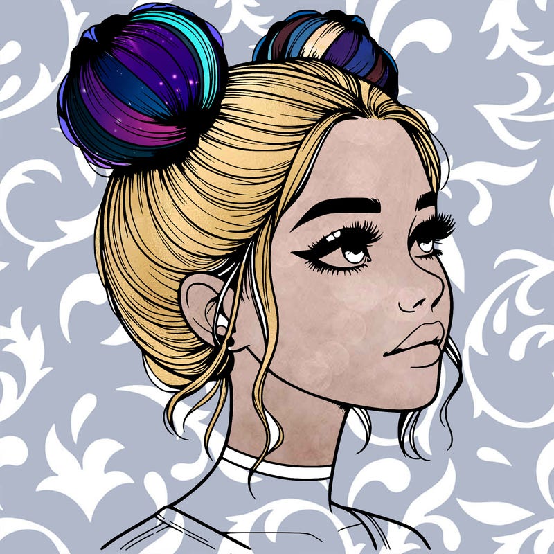 realistic girl with buns on the top of her head