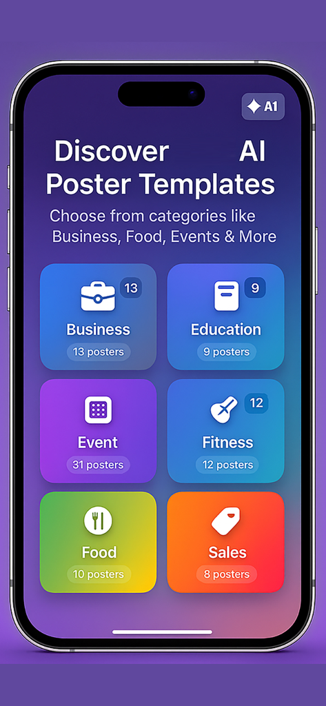 AI Poster Maker - ビジネス、フィットネス、フードなどのテンプレートカテゴリを示すAIポスターメーカーアプリのインターフェース