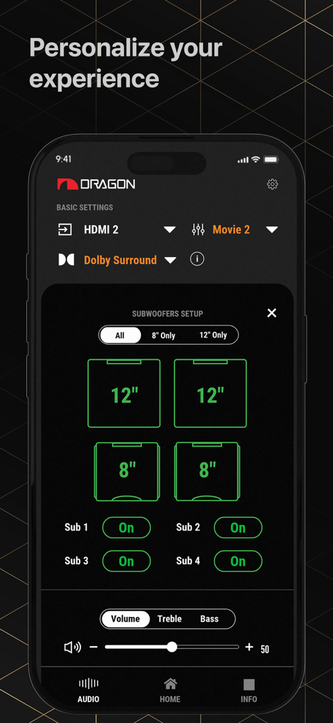La interfaz de la App de Control Remoto Nakamichi mostrando la configuración del subwoofer y los ajustes de volumen para un sistema de cine en casa