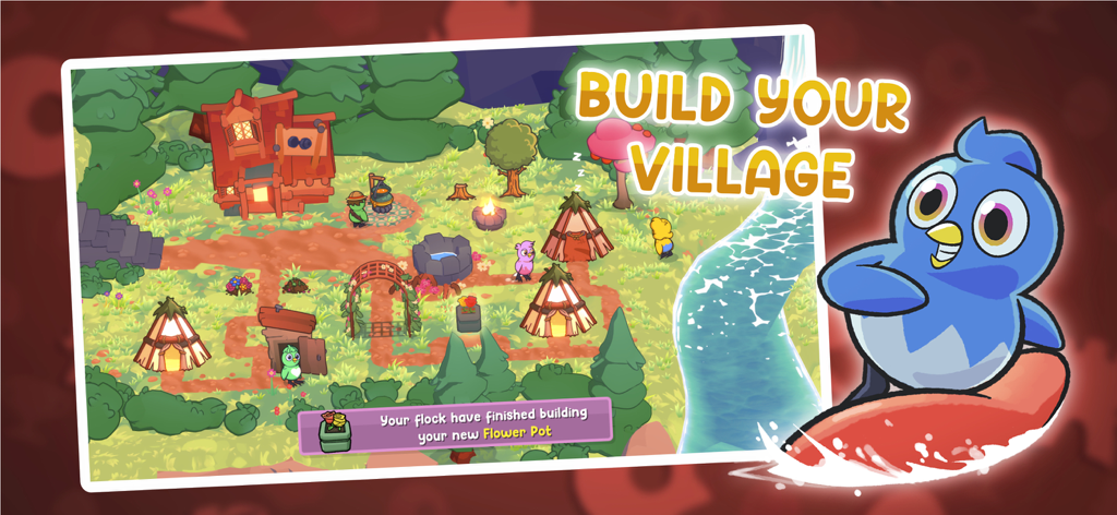 Duck Life 9: The Flock - A blue duck surfing next to a cartoon village scene with tents and a river in Duck Life 9