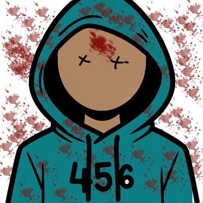a person with non face waering a hoodie with a 456 symbol