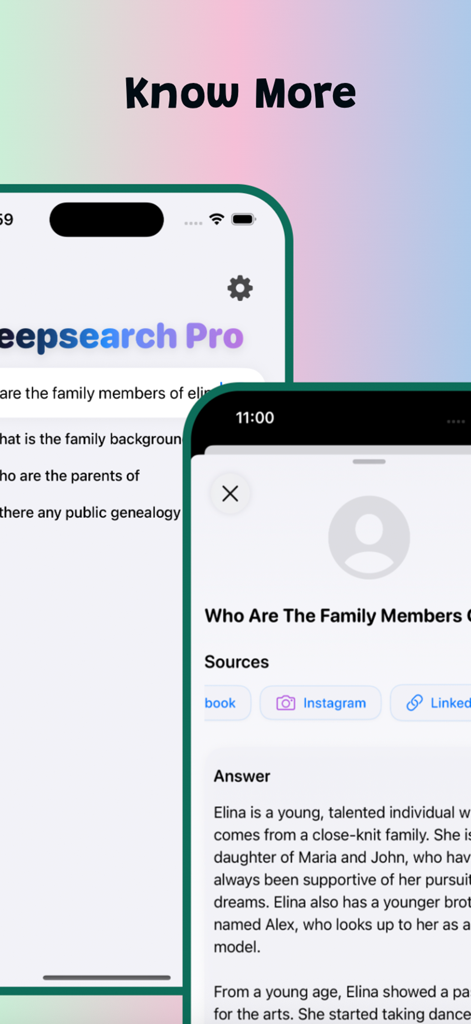 Deepsearch Pro AI QuickFind - Deepsearch Pro AI app interface showing search results for family connections and personal background with AI-generated summaries and social media sources