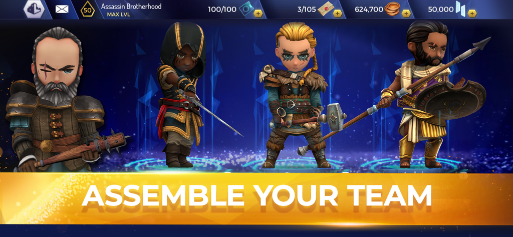 Four chibi-style Assassin characters from different eras standing together with the text Assemble Your Team