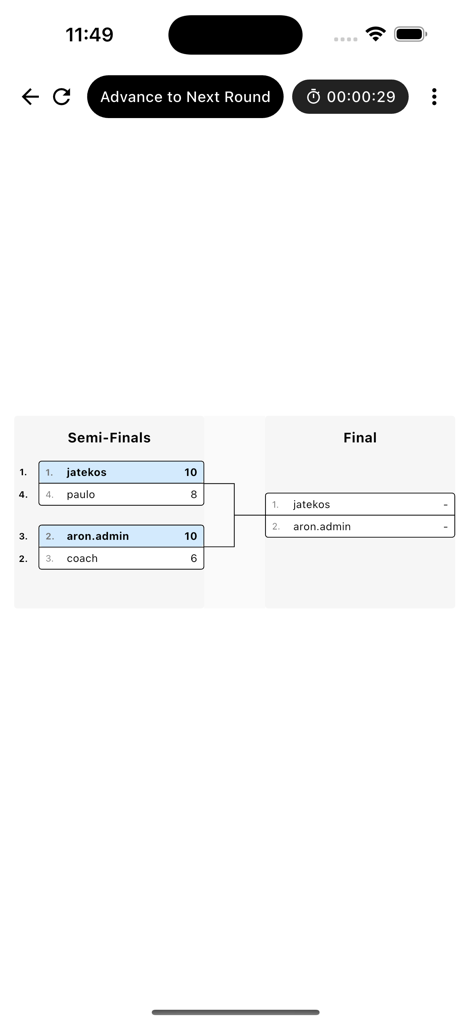 Clawer - Tournament bracket screen in the Clawer app showing semi-finals results and the final match setup for a fencing competition.