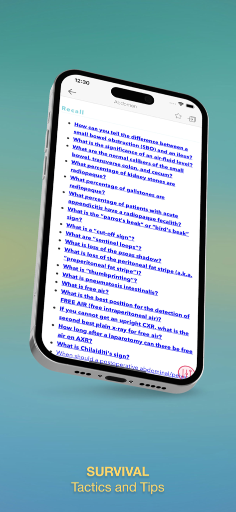 Surgical Recall - 腹部臨床ローテーションのためのSurgical Recall質問を表示するスマートフォン