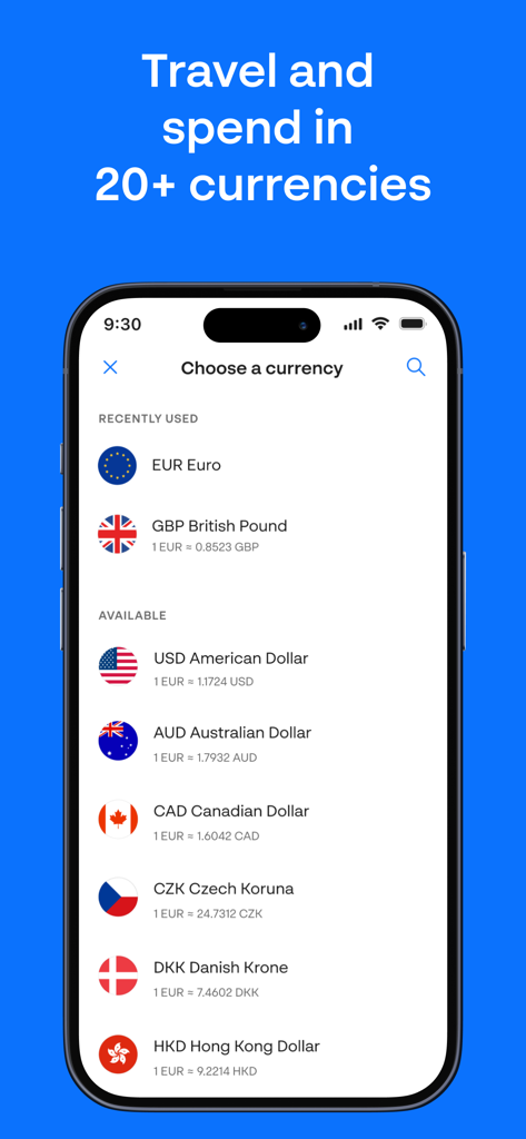 Monese-App-Schnittstelle mit einer Liste der verfügbaren globalen Währungen und Wechselkurse für internationale Reisen und Ausgaben