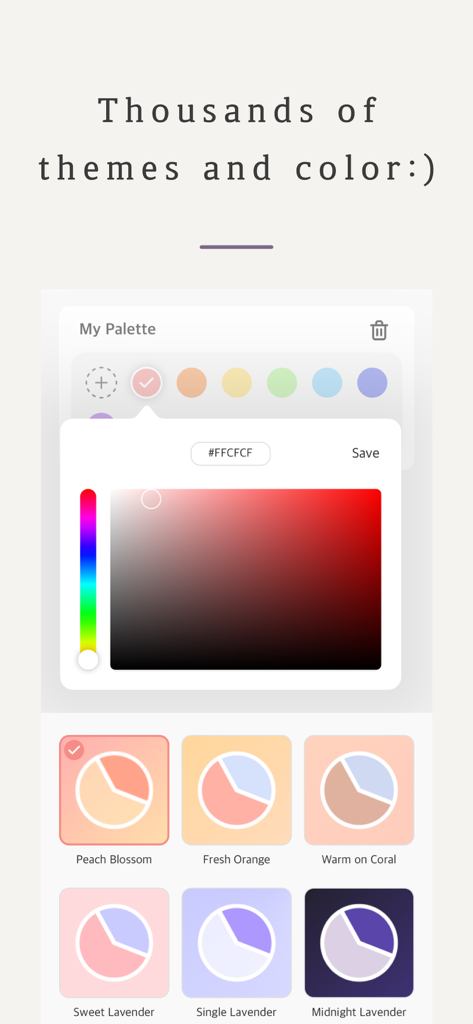 Interfaz de la aplicación DayDay que muestra temas de color estéticos y un selector de color personalizado para el horario circular.