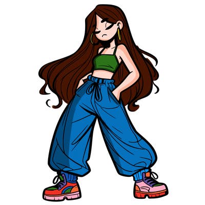 girl in baggy pants crop top and long hair