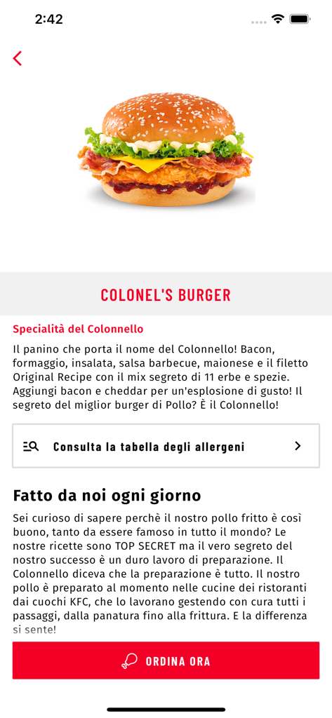 Écran de l'application mobile KFC Italia montrant les détails et la description du Colonel's Burger.
