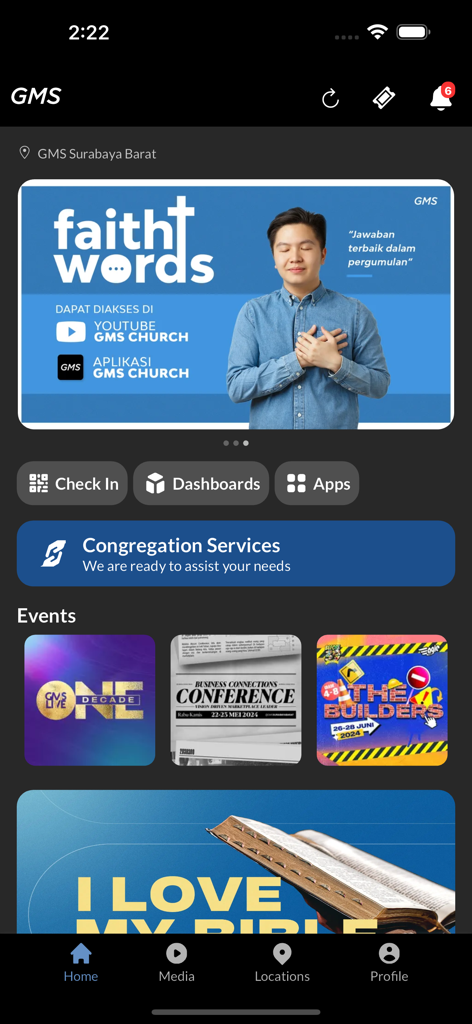 GMS Church - GMS Church app home screen showing congregation services and upcoming events