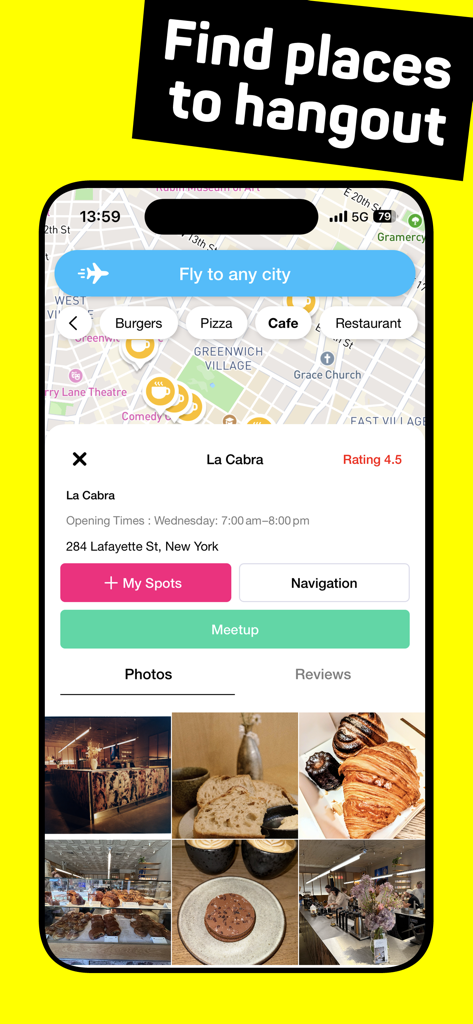 Captura de pantalla de la aplicación Buzz que muestra una interfaz de mapa para encontrar cafeterías y restaurantes locales para reuniones sociales