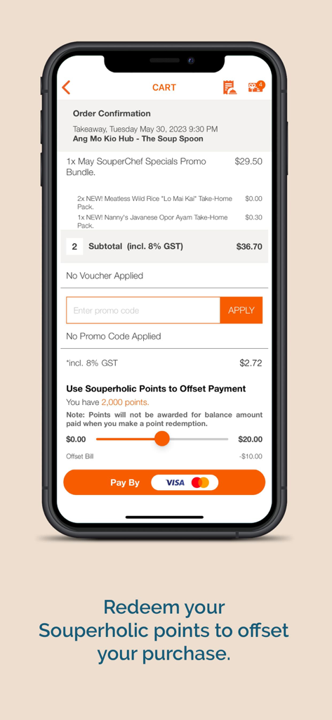 Souperholic App-Kassenskirm, der einen Schieberegler zur Einlösung von Treuepunkten für einen Kaufrabatt anzeigt
