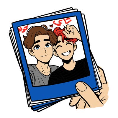 realistic, best friends taking a polaroid picture