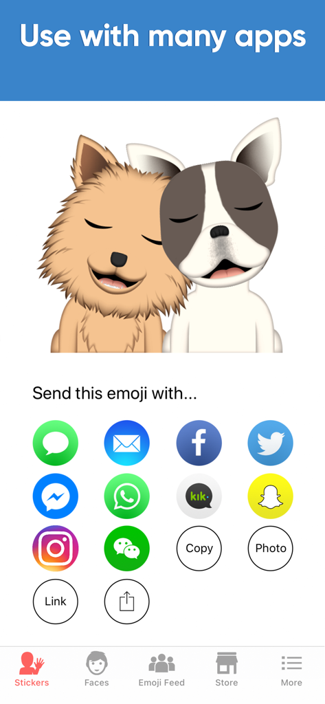 Dog Emoji Designer - Screenshot of Dog Emoji Designer showing custom dog emojis and icons for sharing via iMessage Facebook and Instagram