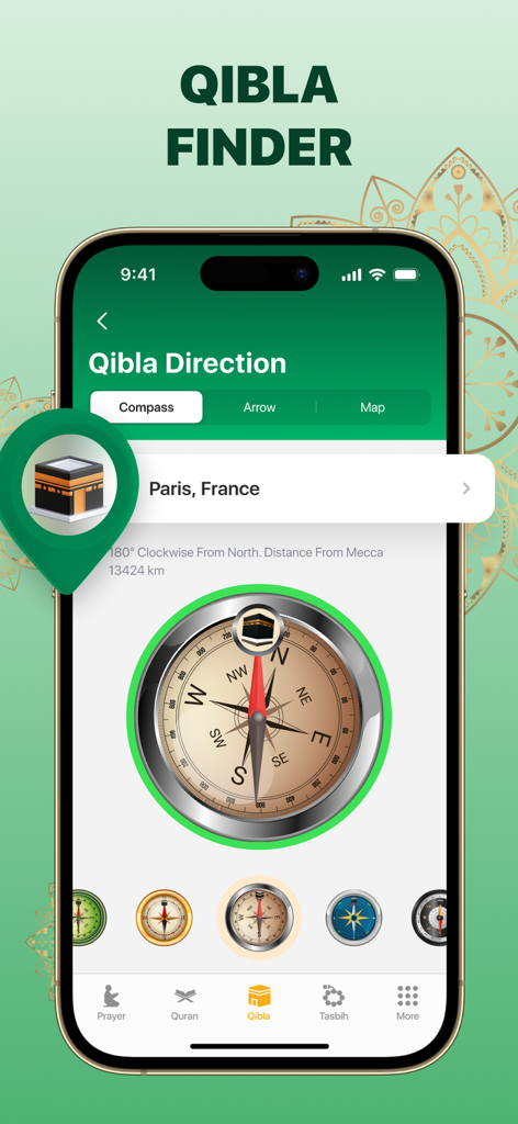 A smartphone displaying the Qibla Finder compass feature for prayer direction.