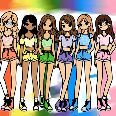 a group of girls wearing crop tops and shorts