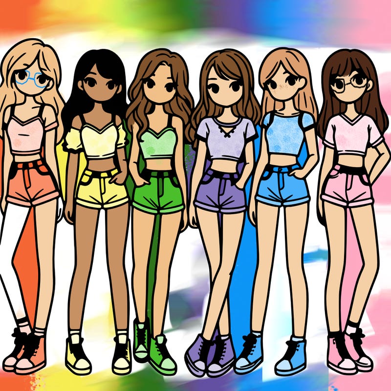 a group of girls wearing crop tops and shorts