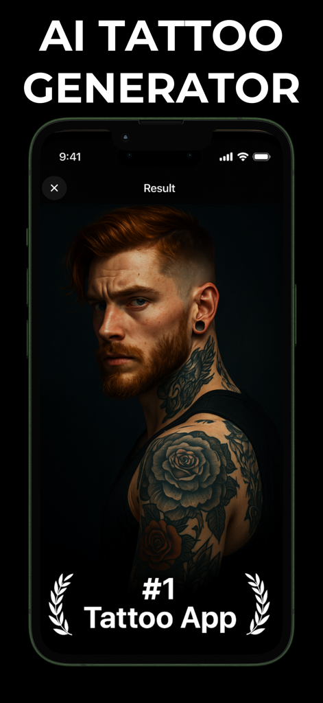 Tattoo Genie - AI Designer - A smartphone screen displaying a man with realistic AI-generated floral tattoos on his neck and arm from the Tattoo Genie app.