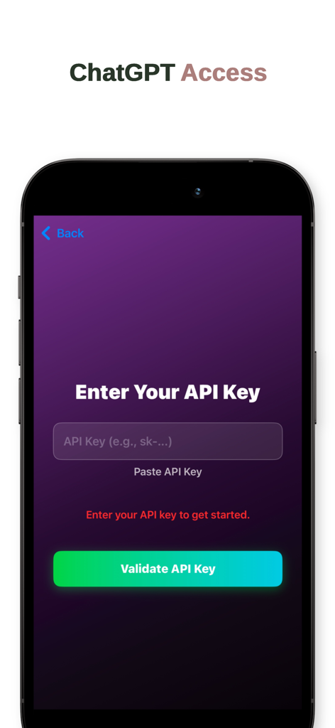 ai chat by api - ChatGPT APIキーの入力と検証のためのモバイル画面インターフェース