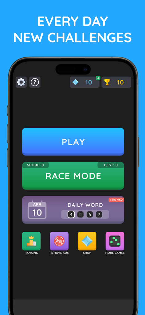 WordDaily: Guess the Word - Main menu screen of WordDaily app showing game modes including Play, Race Mode, and Daily Word challenge