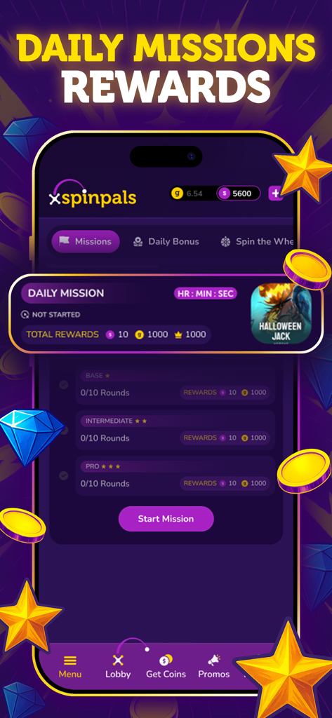 SpinPals Slots app interface showing daily missions and rewards for Halloween Jack game.
