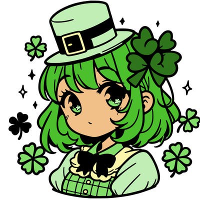 a manga-style girl with clovers around her, a little hat in her hair, like it's saint patrick's day