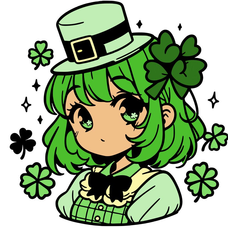 a manga-style girl with clovers around her, a little hat in her hair, like it's saint patrick's day