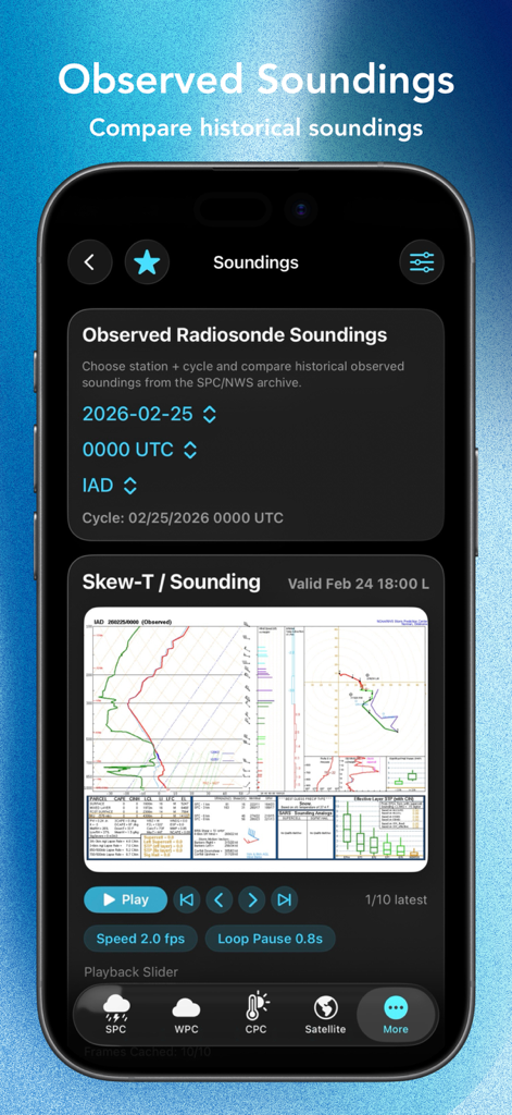 StormBase app interface displaying technical atmospheric sounding data and Skew-T log-p charts for weather professionals.