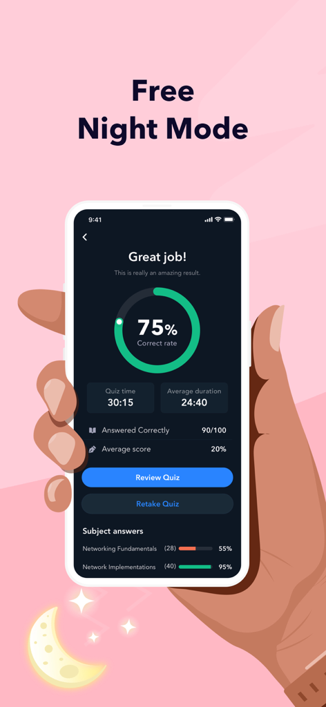 APICS CSCP Exam Prep: 2026 - App di preparazione all'esame APICS CSCP che mostra i risultati dei quiz e le statistiche delle prestazioni in modalità notturna.