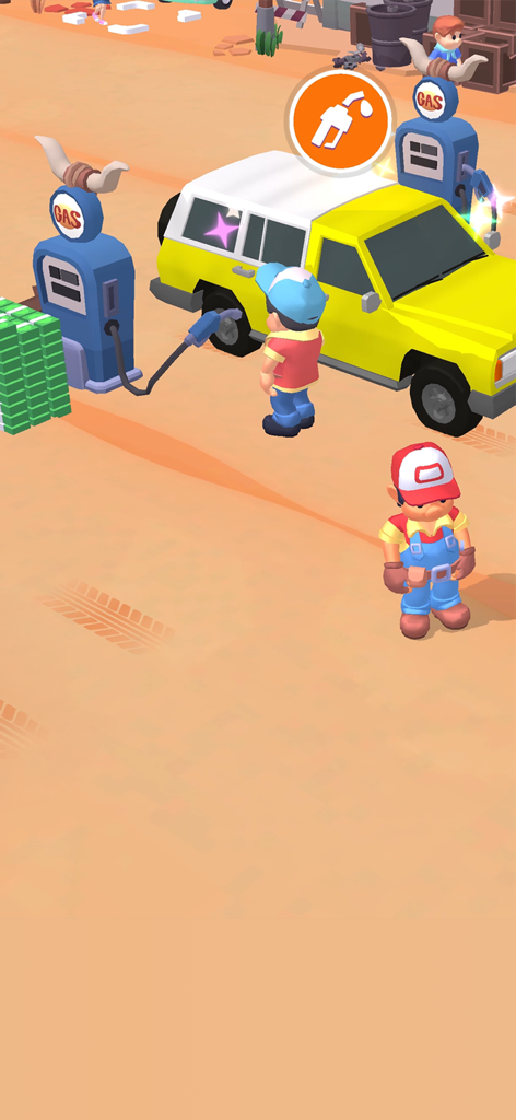 Un personaje del jugador repostando un SUV amarillo en un surtidor de gasolina en Gas Station Simulator Tycoon