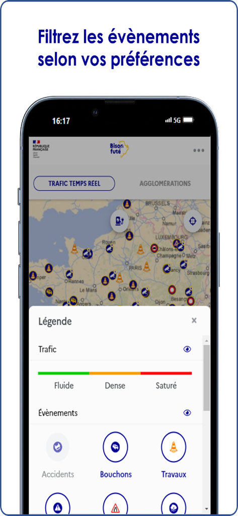 Real-time traffic map of France with a legend showing traffic density and event filters for accidents and roadworks