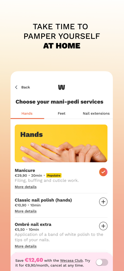 Wecasa mobile app interface for booking professional at-home manicure and nail services