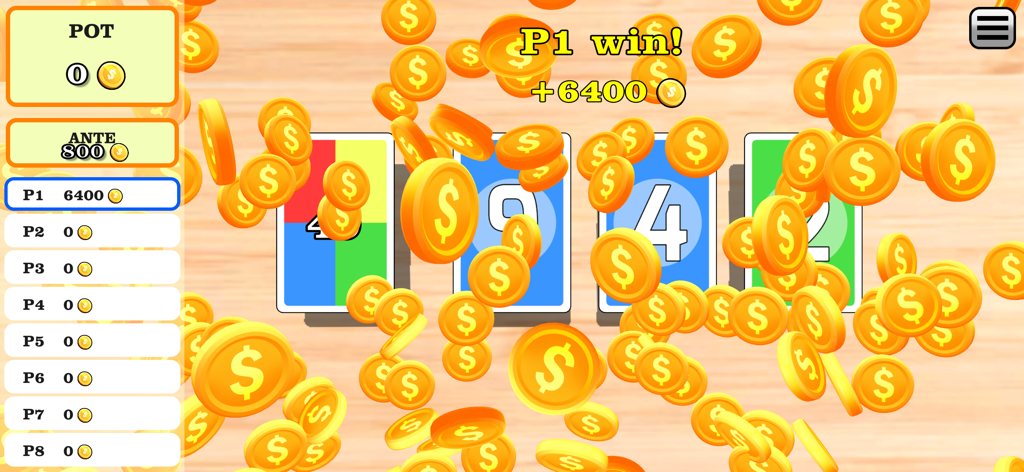 In Between: Numbers Card Game - Winning screen in In Between Numbers Card Game showing gold coins and Player 1 victory message