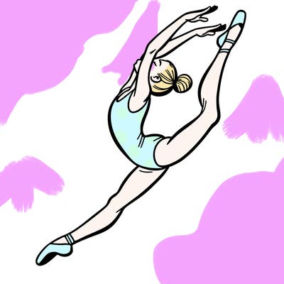 gymnast doing a leap in a leotard with a bent back leg