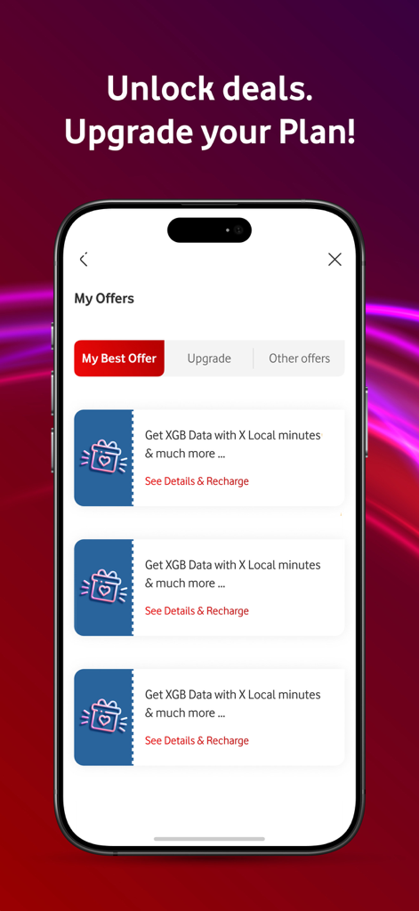 My Vodafone Qatar app screen displaying personalized mobile data and minutes offers for plan upgrades