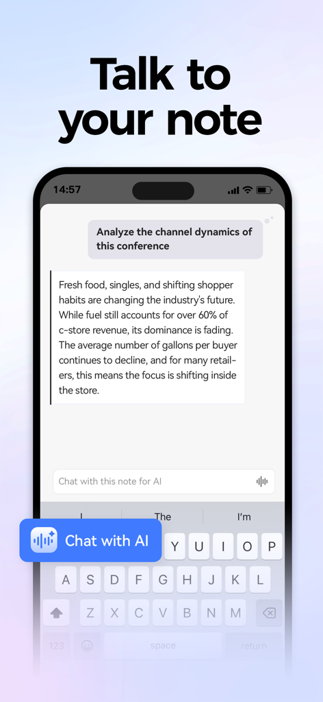 AIgo: AI Meeting Note Taker - Tela de smartphone mostrando a interface de chat do aplicativo AIgo, onde um usuário pede à IA para analisar as notas da reunião.