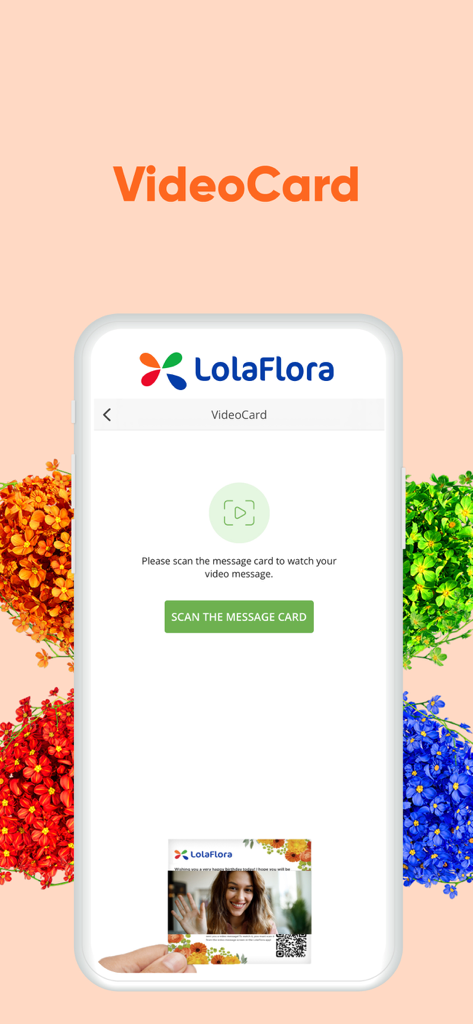 LolaFlora - Flower Delivery - Interface do aplicativo LolaFlora mostrando o recurso de escaneamento de VideoCard para mensagens de vídeo personalizadas