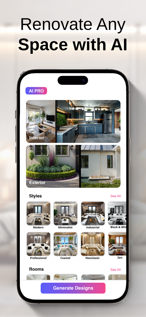 RoomGPT : AI Interior Design - RoomGPT app interface showing interior and exterior renovation options with various AI design styles