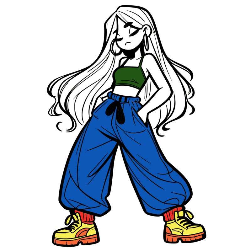 girl in baggy pants crop top and long hair