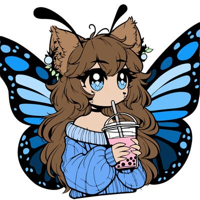 a realistic butterfly/furry girl drinking boba
