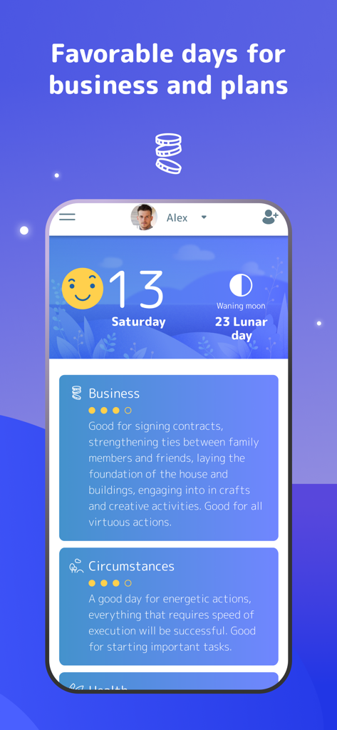 Daily Tibetan Horoscope Norbu app interface showing favorable days for business and plans with lunar cycle information