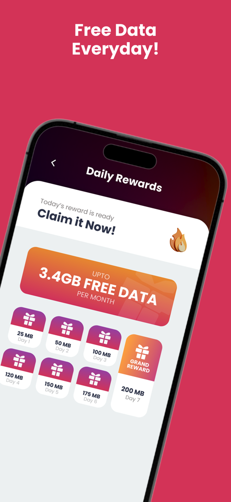 Simosa app screen showing daily rewards program with free mobile data for users