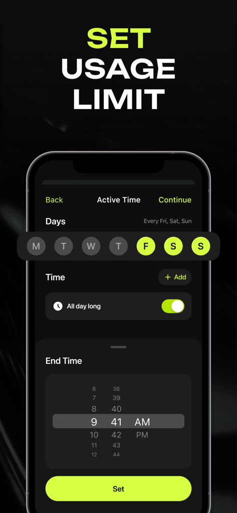 Super App Lock: Screen Time - Interface for scheduling app usage limits and active time in Super App Lock.