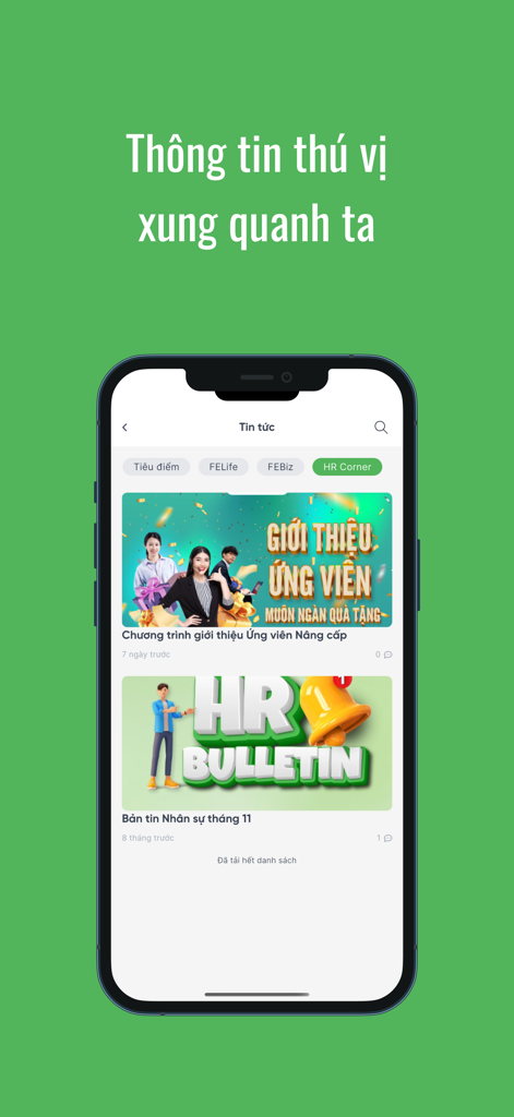 Mobile Oberfläche der MyFE-App, die Unternehmensnachrichten und HR-Mitteilungen auf Vietnamesisch anzeigt