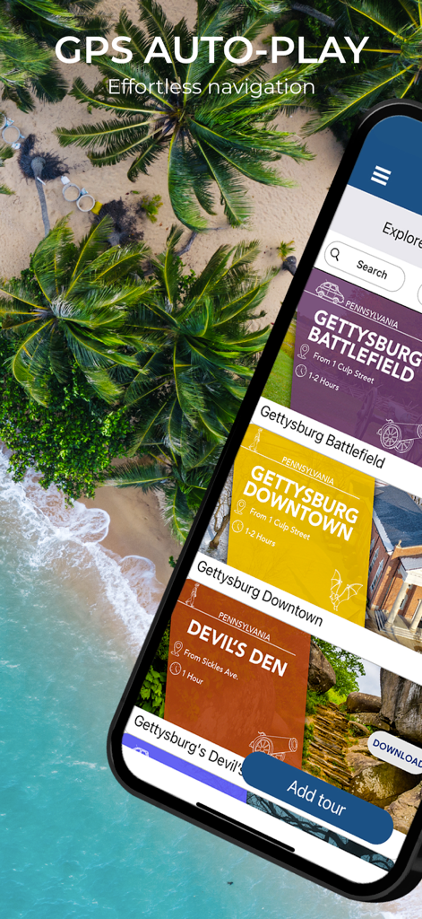 Action Tour Guide mobile app interface showing Gettysburg tour options and GPS auto play feature on a tropical beach background