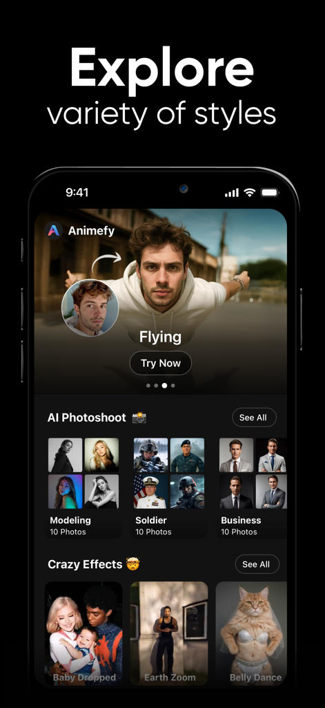 Shots - AI Photo & Video Maker - Shotsアプリのインターフェース。アニメ化、飛行エフェクト、モデリングやビジネスなどのAI撮影カテゴリを含む、様々なAI写真および動画スタイルを表示。