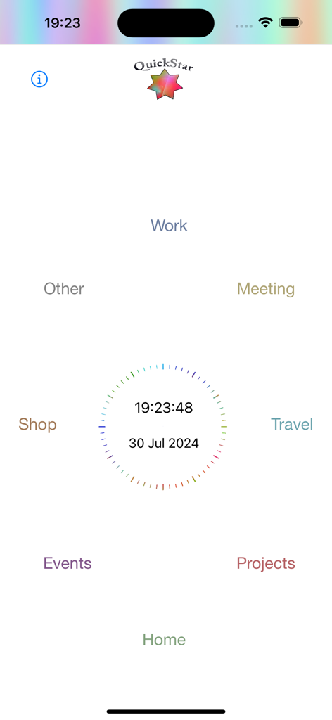 QuickStar - The QuickStar app home screen showing a circular layout of categories like Work Home and Projects surrounding a central digital clock and date